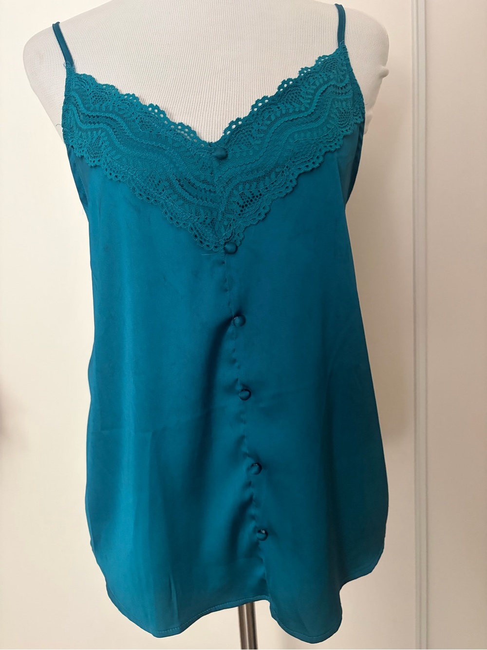 Lace-Trim Teal Satin Cami Top